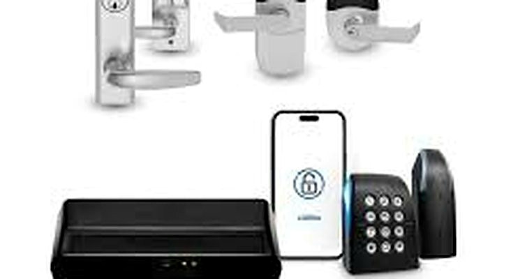 Aiphone AC Nio cloud access control — controller, door reader, smart lock, and mobile key app shown together; installed by Michigan Security Systems across Michigan, Ohio and Indiana