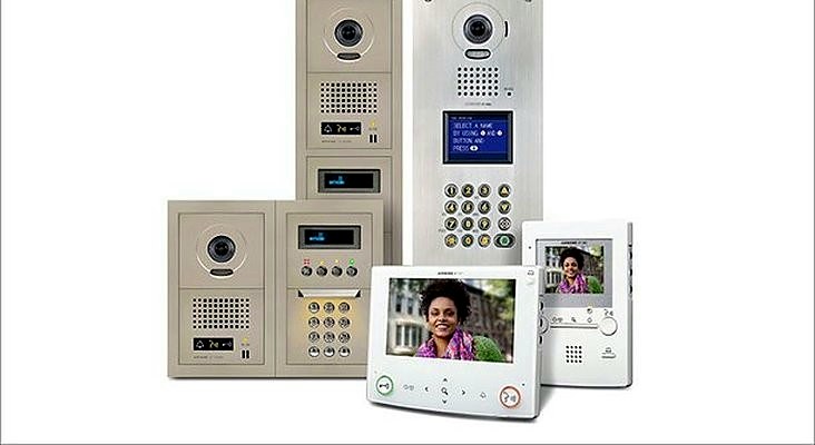 Aiphone GT Series multi-tenant entrance panels and video tenant stations shown together — installed by Michigan Security Systems across Michigan, Ohio and Indiana