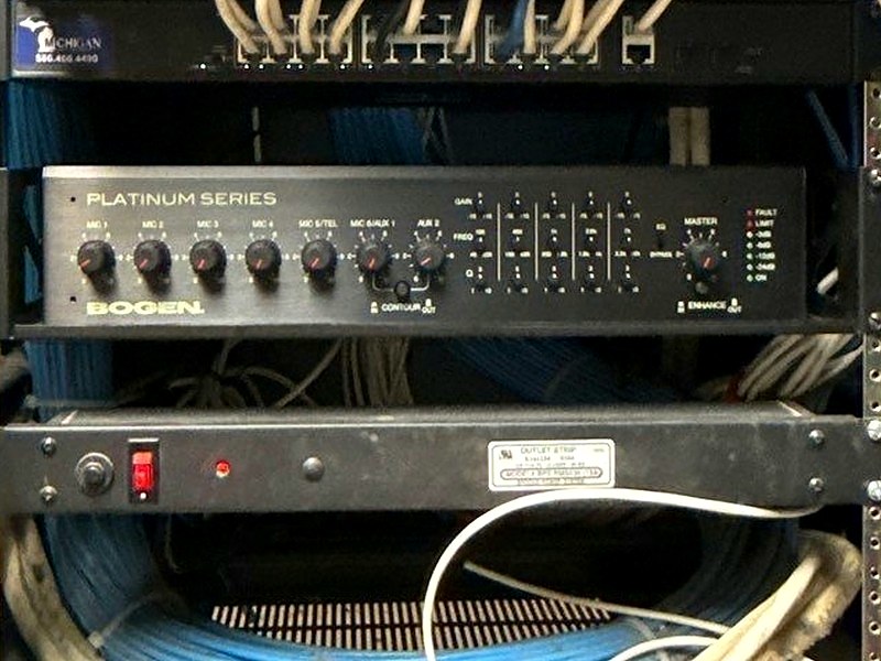 Bogen Platinum Series commercial paging and mixer amplifier installed in a rack by Michigan Security Systems for a Michigan commercial facility