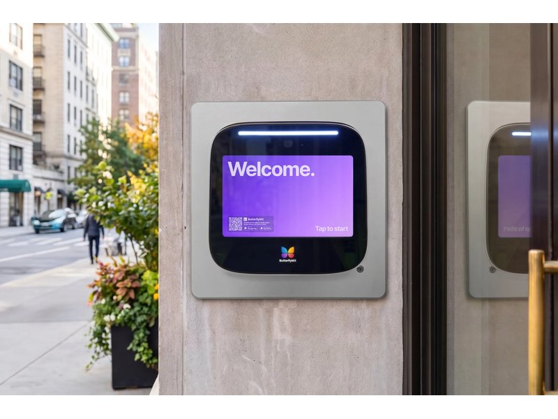 ButterflyMX video intercom panel at an apartment building entrance — Michigan Security Systems