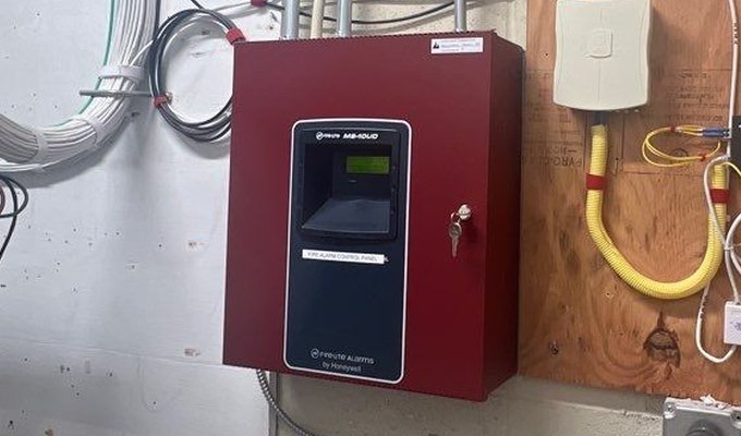 Commercial fire alarm control panel, the type that often reports to a monitoring center over phone lines