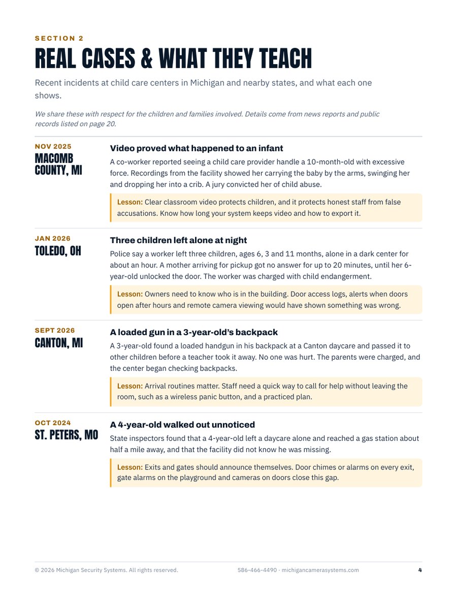 Real cases page of the 2026 Michigan Child Care Security Report