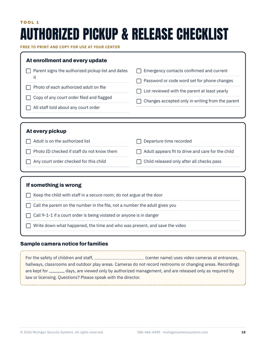 Printable pickup checklist of the 2026 Michigan Child Care Security Report
