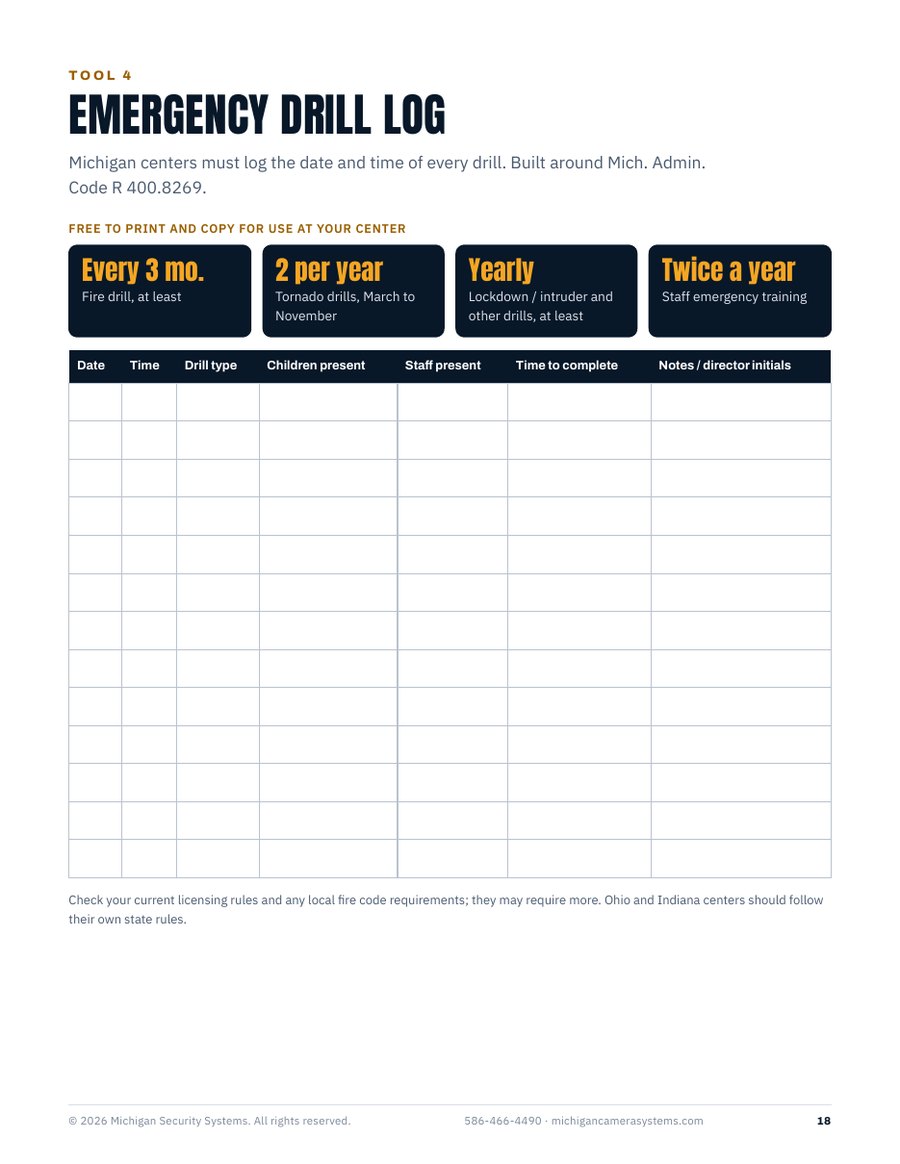 Printable drill log of the 2026 Michigan Child Care Security Report