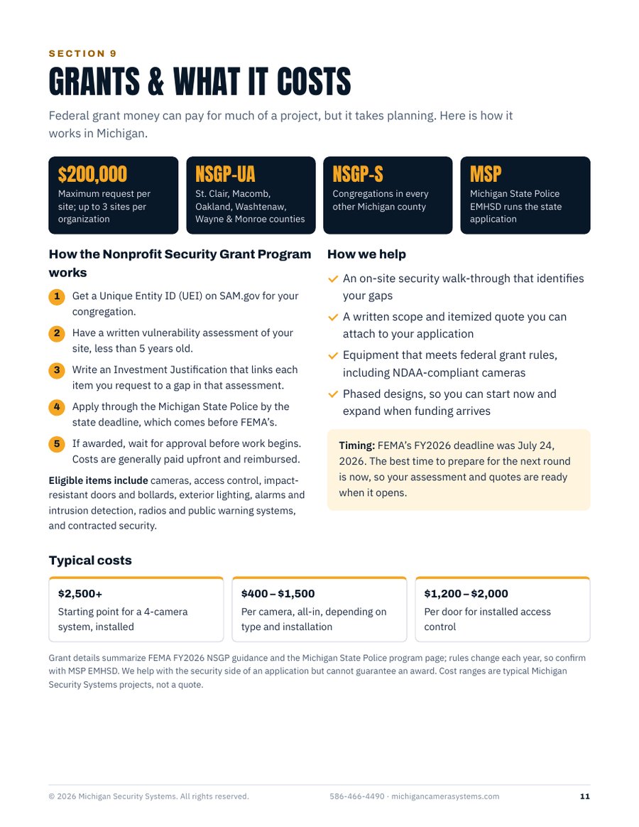Grants and costs page of the 2026 Michigan Church & House of Worship Security Report