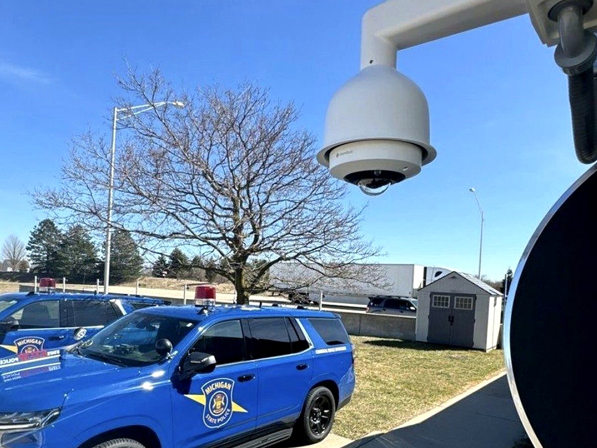 PTZ security camera installation at Michigan State Police post — commercial outdoor PTZ dome camera installer Michigan — Michigan Security Systems