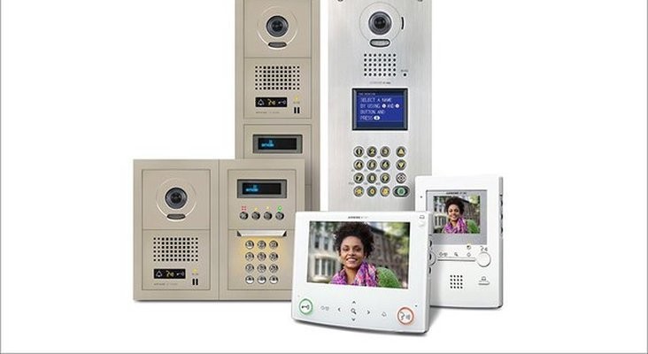 Aiphone GT Series multi-tenant entrance panels and video tenant stations shown together — installed by Michigan Security Systems across Michigan, Ohio and Indiana