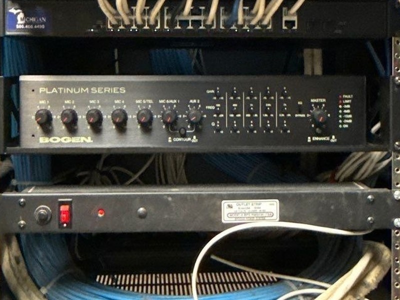 Bogen Platinum Series commercial paging and mixer amplifier installed in a rack by Michigan Security Systems for a Michigan commercial facility