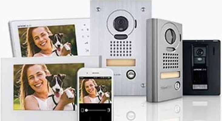 Aiphone JO Series video intercom — indoor master monitors, door station, and mobile app shown together; installed by Michigan Security Systems across Michigan, Ohio and Indiana