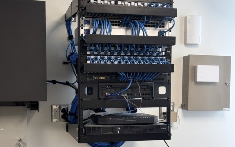 Structured cabling patch panel and network rack installed by Michigan Security Systems