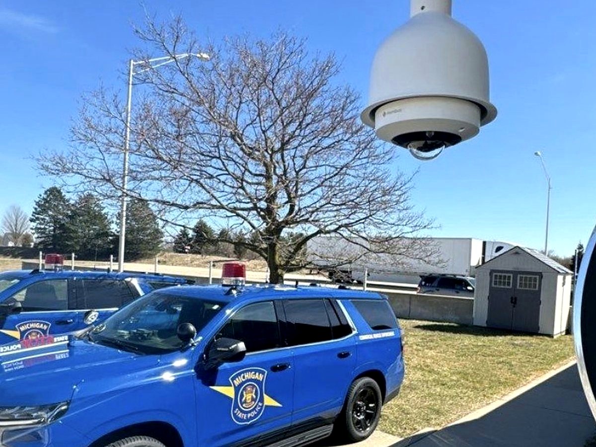 PTZ security camera installation at Michigan State Police post Mount Clemens Michigan — outdoor dome PTZ commercial camera installer Macomb County — Michigan Security Systems